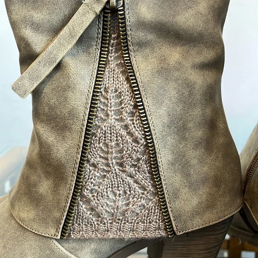 Mukluks Tan & Dark Brown Faux leather Boots w/side zipper & knit detail Size 8 - Picture 10 of 17